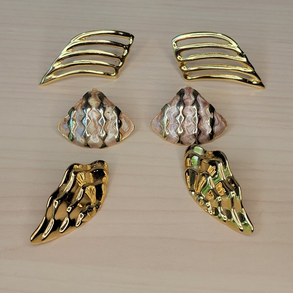 Bundle of 3 Pairs of Vintage 80s Gold-Toned Chunky Wing Fan-Shaped Earrings EUC